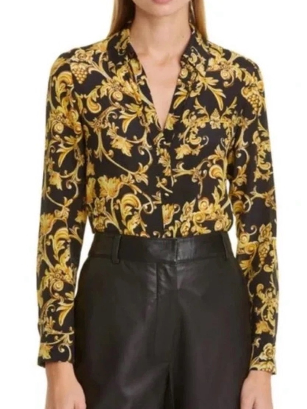Alice + Olivia Eloise Silk Baroque Scroll Button Down Blouse M